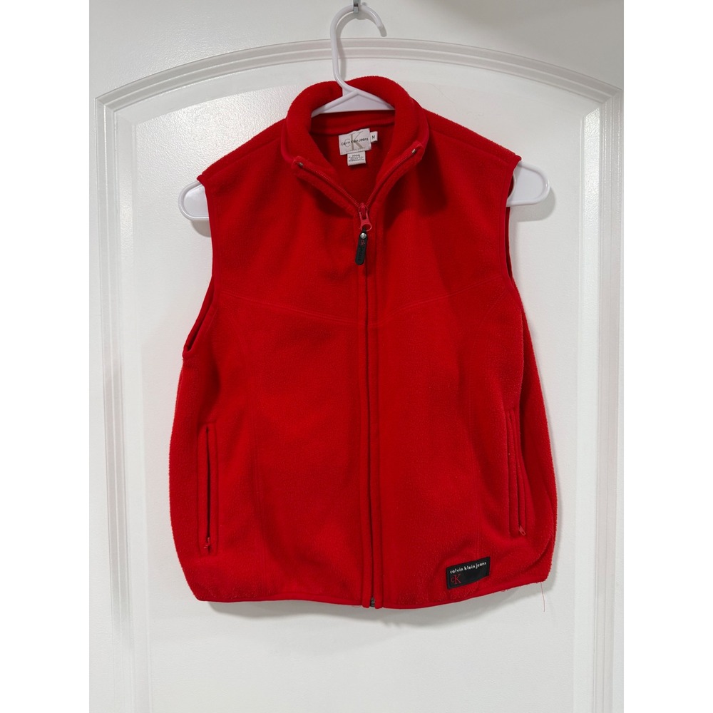 Calvin Klein Jeans Red Fleece Vest Full Zip Mock Neck Sleeveless Jacket Medium